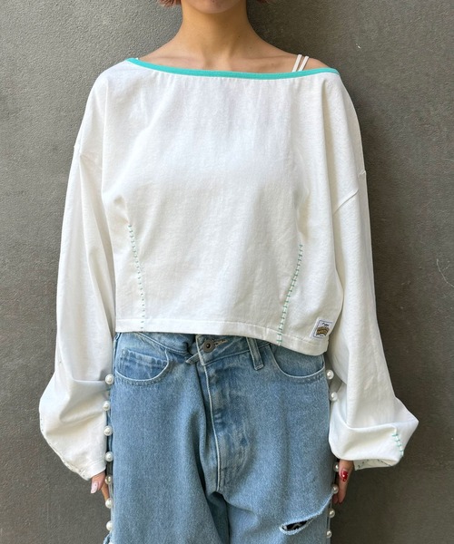 HELLO.SANFRANCISCO（ハローサンフランシスコ）の「【HELLO.SANFRANCISCO/ハローサンフランシスコ】ステッチ刺繍オフショルクロップドTEE（Tシャツ/カットソー・レディース・グレー/オフホワイト/ライム・FREE）」の13枚目の写真