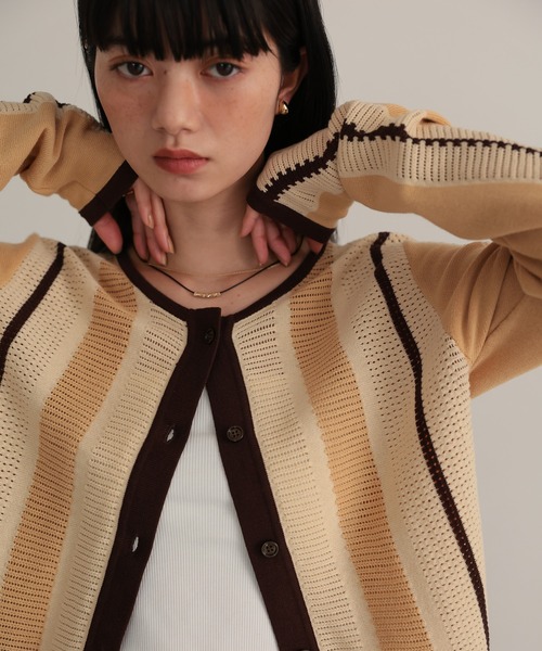 TENTO(テント)の「ストライプ透かし編み ニットカーディガン(カーディガン/ボレロ・レディース・ベージュ/ライトグレー・FREE)」の16枚目の写真