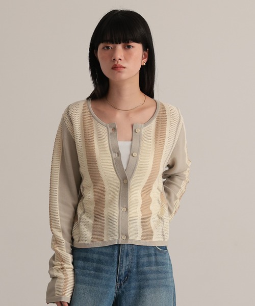 TENTO(テント)の「ストライプ透かし編み ニットカーディガン(カーディガン/ボレロ・レディース・ベージュ/ライトグレー・FREE)」の3枚目の写真