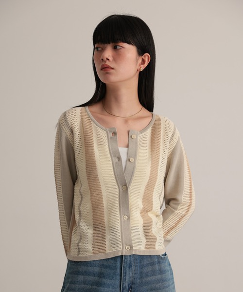 TENTO(テント)の「ストライプ透かし編み ニットカーディガン(カーディガン/ボレロ・レディース・ベージュ/ライトグレー・FREE)」の4枚目の写真