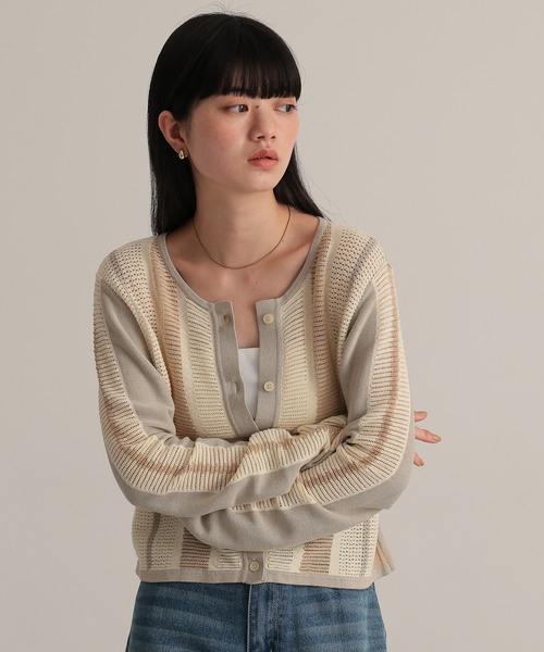 TENTO(テント)の「ストライプ透かし編み ニットカーディガン(カーディガン/ボレロ・レディース・ベージュ/ライトグレー・FREE)」の5枚目の写真
