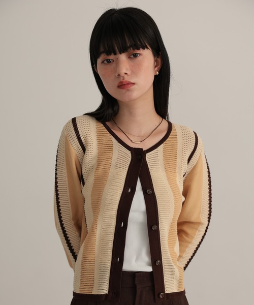 TENTO(テント)の「ストライプ透かし編み ニットカーディガン(カーディガン/ボレロ・レディース・ベージュ/ライトグレー・FREE)」の12枚目の写真