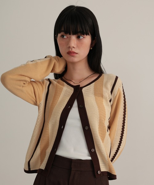 TENTO(テント)の「ストライプ透かし編み ニットカーディガン(カーディガン/ボレロ・レディース・ベージュ/ライトグレー・FREE)」の13枚目の写真