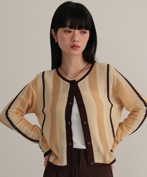 TENTO(テント)の「ストライプ透かし編み ニットカーディガン(カーディガン/ボレロ・レディース・ベージュ/ライトグレー・FREE)」の14枚目の写真