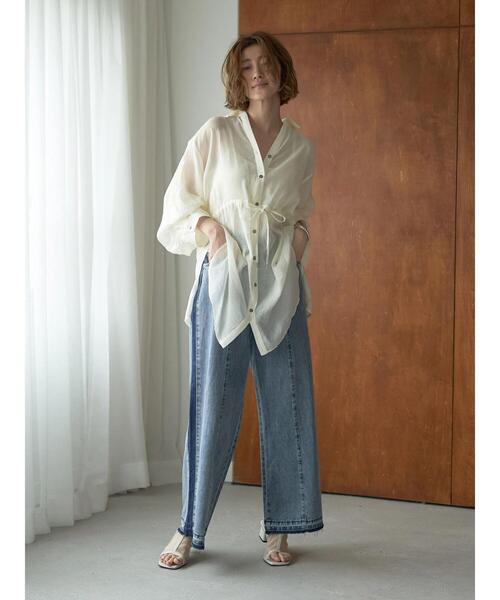 Editt by YECCA VECCA(エディットバイイェッカヴェッカ)の「配色ライン綿麻バギーデニムパンツ(デニムパンツ・レディース・ライトインディゴブルー・S/M)」の13枚目の写真