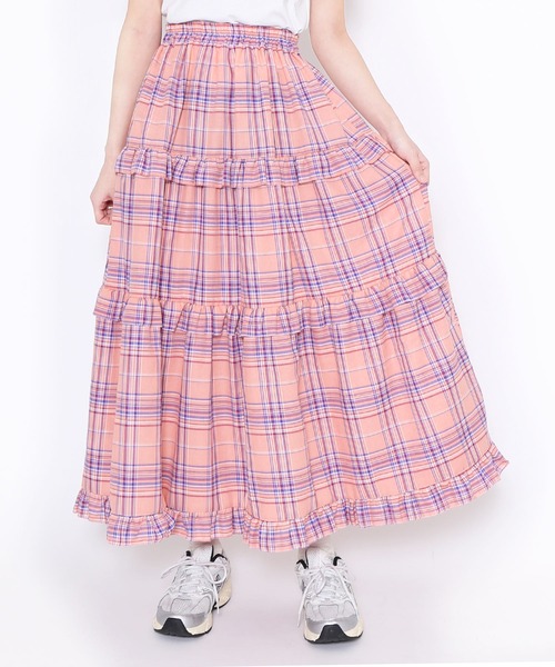 PUNYUS（プニュズ）の「チェックフリルティアードロングスカート（パステルカラー）（スカート・レディース・パープル/イエロー/ピンク/ブルー・1/2/3/4）」の5枚目の写真