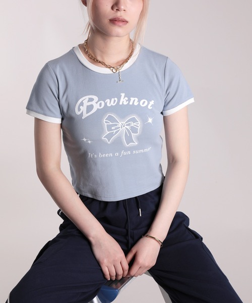 HOOK(フック)の「【HOOK】for girls リボンプリントリンガーtシャツ (SS)(Tシャツ/カットソー・レディース・ブルー/ブラック/グリーン/ホワイト/ベージュ/ピンク・FREE)」の5枚目の写真