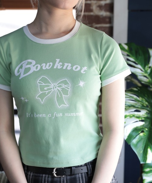 HOOK(フック)の「【HOOK】for girls リボンプリントリンガーtシャツ (SS)(Tシャツ/カットソー・レディース・ブルー/ブラック/グリーン/ホワイト/ベージュ/ピンク・FREE)」の4枚目の写真