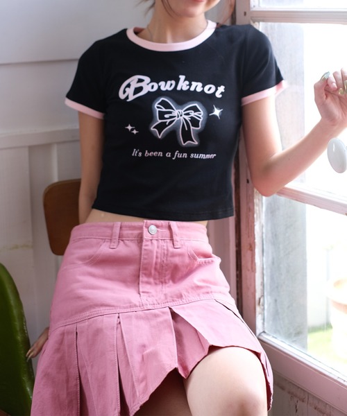 HOOK(フック)の「【HOOK】for girls リボンプリントリンガーtシャツ (SS)(Tシャツ/カットソー・レディース・ブルー/ブラック/グリーン/ホワイト/ベージュ/ピンク・FREE)」の2枚目の写真