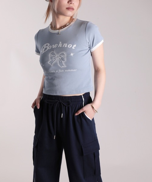 HOOK(フック)の「【HOOK】for girls リボンプリントリンガーtシャツ (SS)(Tシャツ/カットソー・レディース・ブルー/ブラック/グリーン/ホワイト/ベージュ/ピンク・FREE)」の10枚目の写真