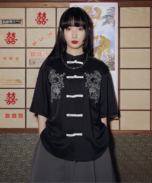 チャイナシーズ❤️ドラゴンローブ柄のインテリアテキスタイル❤️ 超レア柄　⭐️☆匿名☆ ドラゴンチャイナシャツ（シャツ/ブラウス）｜Ellno Loset（エルノ