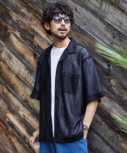 FREAK'S STORE（フリークスストア）の「FREAK’S STORE/フリークスストア レース編みオープンカラーシャツ/リラックス（シャツ/ブラウス・メンズ・ブラック/オフホワイト・MEDIUM/LARGE）」の11枚目の写真