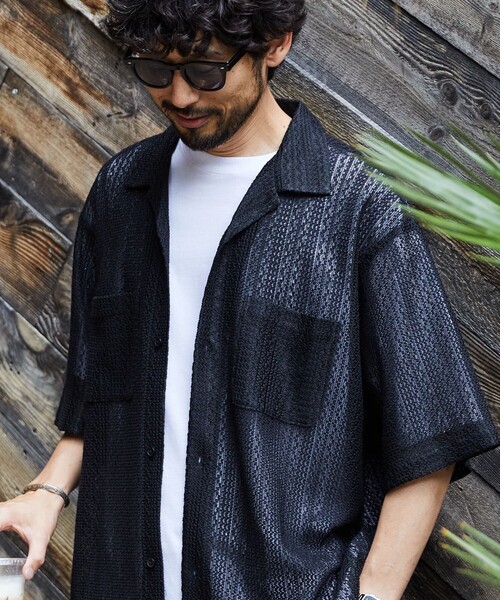 FREAK'S STORE（フリークスストア）の「FREAK’S STORE/フリークスストア レース編みオープンカラーシャツ/リラックス（シャツ/ブラウス・メンズ・ブラック/オフホワイト・MEDIUM/LARGE）」の10枚目の写真
