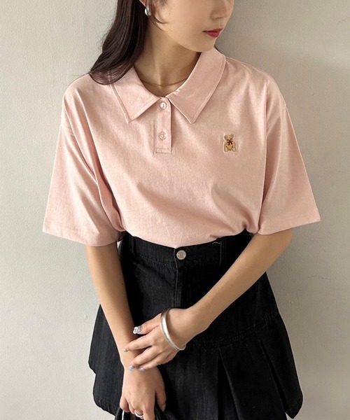 one after another NICE CLAUP（ワンアフターアナザーナイスクラップ）の「【teddy bear コラボ商品】くまちゃん刺しゅうポロシャツ（ポロシャツ・レディース・ピンク/ホワイト/ブラック・FREE）」の3枚目の写真