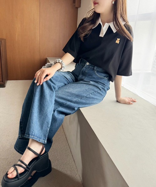 one after another NICE CLAUP（ワンアフターアナザーナイスクラップ）の「【teddy bear コラボ商品】くまちゃん刺しゅうポロシャツ（ポロシャツ・レディース・ピンク/ホワイト/ブラック・FREE）」の6枚目の写真