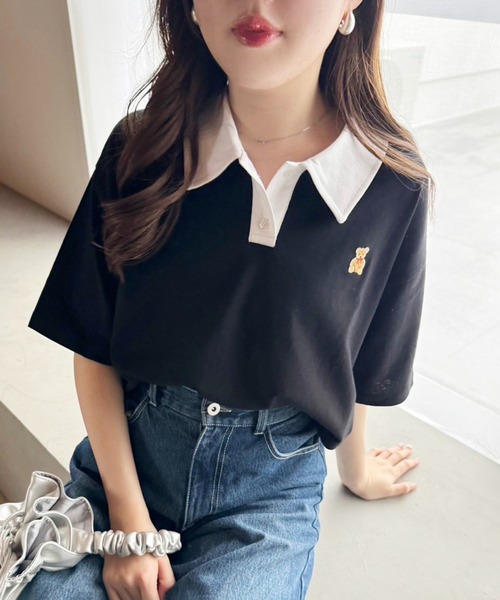 one after another NICE CLAUP（ワンアフターアナザーナイスクラップ）の「【teddy bear コラボ商品】くまちゃん刺しゅうポロシャツ（ポロシャツ・レディース・ピンク/ホワイト/ブラック・FREE）」の7枚目の写真