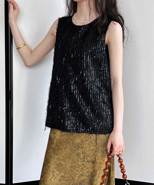 【GUMZZI】スパンコール付きタイトノースリーブトップスto28724 タイトワンピ 全2色 ノースリーブ[品番：JSFW0013558]｜JS
