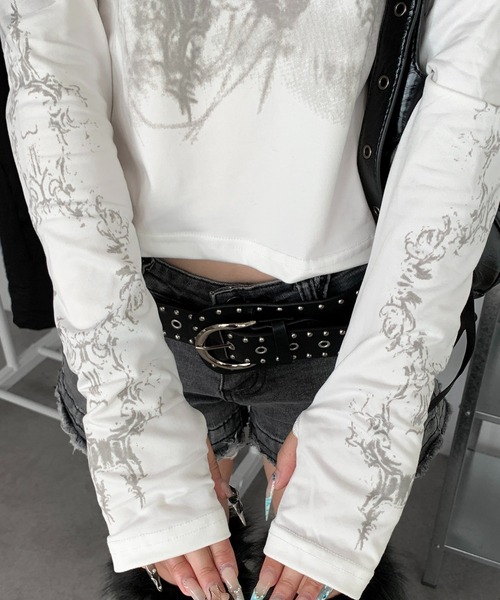 セール】フィンガーホール付き Y2K グランジ プリントロンT（Tシャツ