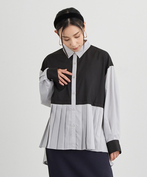 NICOLE white（ニコルホワイト）の「プリーツシャツブラウス（シャツ/ブラウス・レディース・ブラック/ネイビー/ストライプ・FREE）」の2枚目の写真
