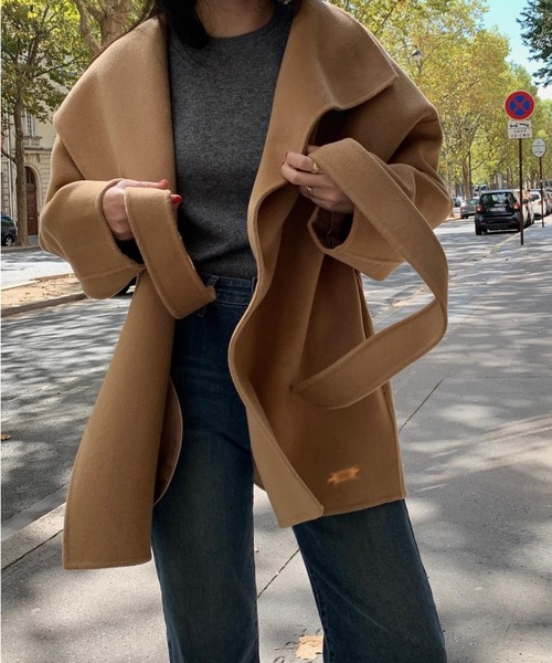 FREE STYLISTS（フリー スタイリスト）の「YUGA_YGMC　ボリュームカラー ローブウールコート（チェスターコート・レディース・グレー/ブラック/キャメル・FREE）」の9枚目の写真