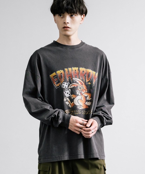 Ed Hardy エドハーディー ピグメント加工 長袖プリントTシャツ クロス/ラビット（Tシャツ/カットソー）｜Ed Hardy（エドハーディー）