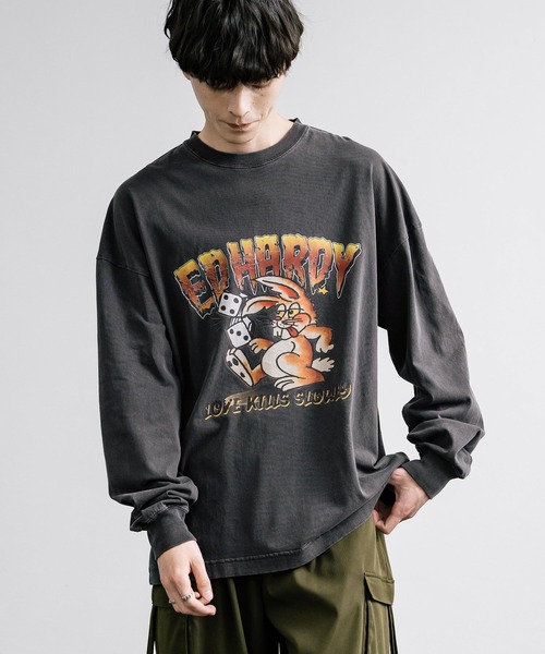 Ed Hardy エドハーディー ピグメント加工 長袖プリントTシャツ クロス/ラビット（Tシャツ/カットソー）｜Ed Hardy（エドハーディー）