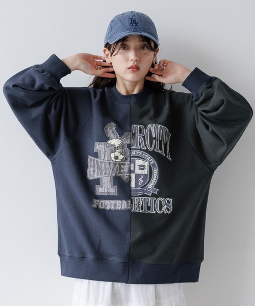 RAGEBLUE(レイジブルー)の「リメイク風/ドッキングカレッジプリントスウェット(スウェット・レディース・グレー系/ネイビー系/ブラウン系・FREE)」の3枚目の写真