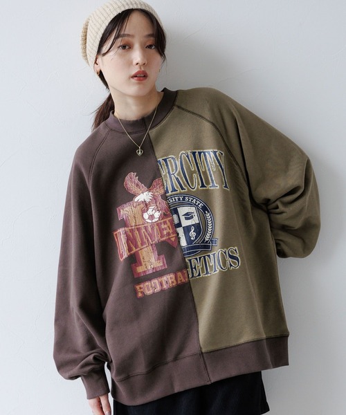 RAGEBLUE(レイジブルー)の「リメイク風/ドッキングカレッジプリントスウェット(スウェット・レディース・グレー系/ネイビー系/ブラウン系・FREE)」の12枚目の写真