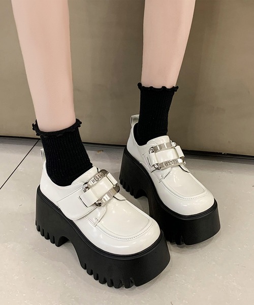 セール】ラウンドトゥ 超厚底 レザー調 マニッシュ シューズ