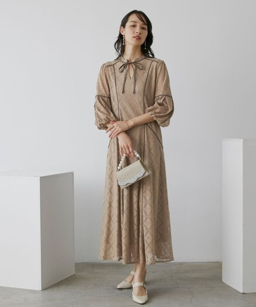 フロントリボン使いデザインスリーブ総レースワンピースドレス