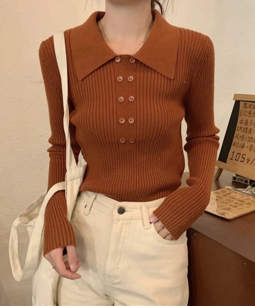 Miniministore（ミニミニストア）の「ポロニットトップスきれいめニットセーター（ニット/セーター・レディース・カーキ/ブラック/アイボリー/ベージュ/レンガ/ブラウン・FREE）」の2枚目の写真