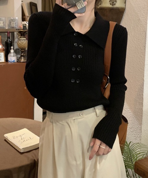 Miniministore（ミニミニストア）の「ポロニットトップスきれいめニットセーター（ニット/セーター・レディース・カーキ/ブラック/アイボリー/ベージュ/レンガ/ブラウン・FREE）」の3枚目の写真