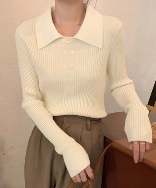Miniministore（ミニミニストア）の「ポロニットトップスきれいめニットセーター（ニット/セーター・レディース・カーキ/ブラック/アイボリー/ベージュ/レンガ/ブラウン・FREE）」の13枚目の写真