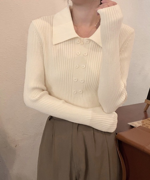 Miniministore（ミニミニストア）の「ポロニットトップスきれいめニットセーター（ニット/セーター・レディース・カーキ/ブラック/アイボリー/ベージュ/レンガ/ブラウン・FREE）」の14枚目の写真
