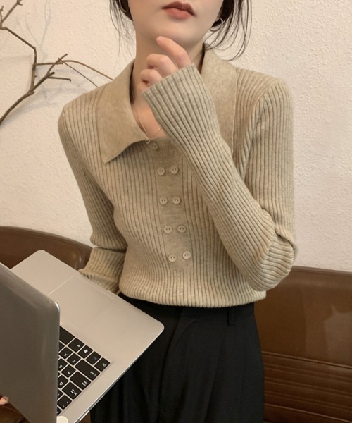 Miniministore（ミニミニストア）の「ポロニットトップスきれいめニットセーター（ニット/セーター・レディース・カーキ/ブラック/アイボリー/ベージュ/レンガ/ブラウン・FREE）」の18枚目の写真