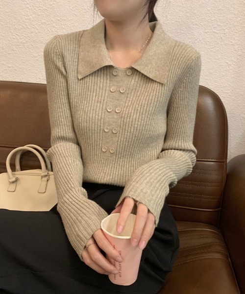Miniministore（ミニミニストア）の「ポロニットトップスきれいめニットセーター（ニット/セーター・レディース・カーキ/ブラック/アイボリー/ベージュ/レンガ/ブラウン・FREE）」の19枚目の写真
