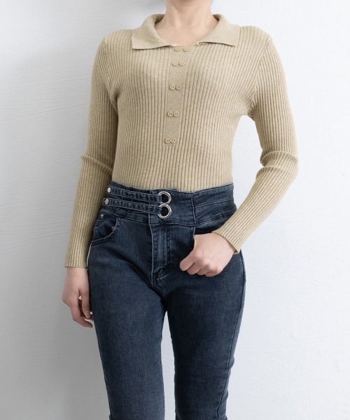 Miniministore（ミニミニストア）の「ポロニットトップスきれいめニットセーター（ニット/セーター・レディース・カーキ/ブラック/アイボリー/ベージュ/レンガ/ブラウン・FREE）」の8枚目の写真