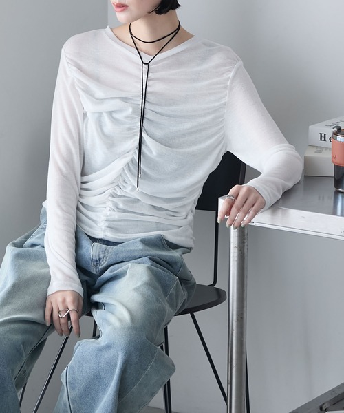 セール】【forksy.】シャーリング シアー リブ ロングスリーブ