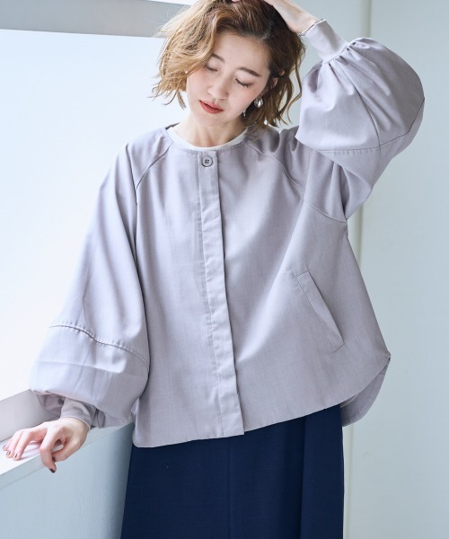 SMILE LAND（スマイルランド）の「＜大きいサイズ＞ワイドスリーブノーカラージャケット【OtonaSMILE】（ノーカラージャケット・レディース・ブラック/ライトグレー・L/LL/3L/4L/5L）」の5枚目の写真