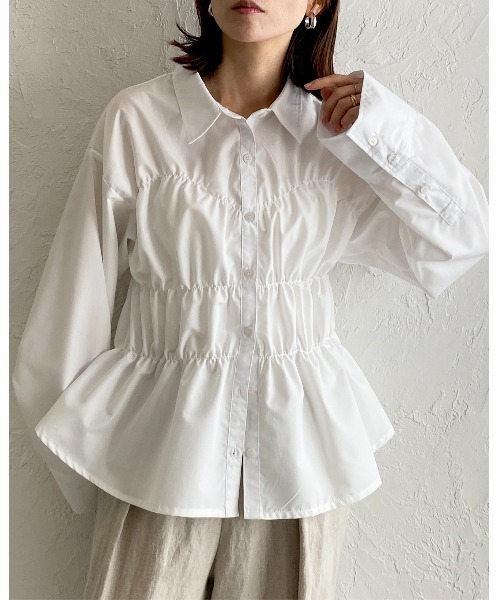 セール】シャーリングビスチェデザインシャツブラウス（シャツ