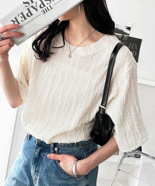 GeeRA(ジーラ)の「ジャガードフリンジ半袖カットソーTシャツ(Tシャツ/カットソー・レディース・モカ/オフホワイト/ブラック・LARGE/X-LARGE/MEDIUM)」の13枚目の写真