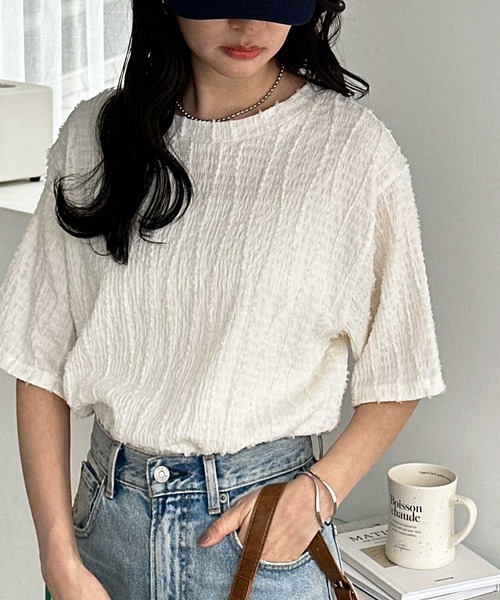 GeeRA(ジーラ)の「ジャガードフリンジ半袖カットソーTシャツ(Tシャツ/カットソー・レディース・モカ/オフホワイト/ブラック・LARGE/X-LARGE/MEDIUM)」の15枚目の写真