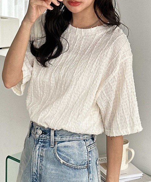 GeeRA(ジーラ)の「ジャガードフリンジ半袖カットソーTシャツ(Tシャツ/カットソー・レディース・モカ/オフホワイト/ブラック・LARGE/X-LARGE/MEDIUM)」の16枚目の写真