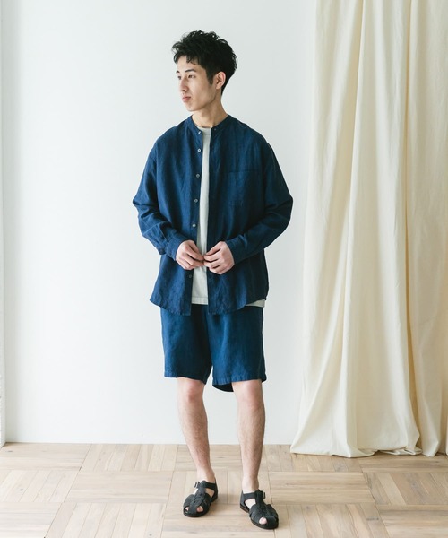 【定価4.1万】サルエ SALUE*パフスリーブシャツ*Fネイビーリネンウールジャカードバンドカラー長袖ギャザー(2-2504-193)【50E52】 セール】『XLサイズ/WEB限定』シルケットリネンバンドカラー
