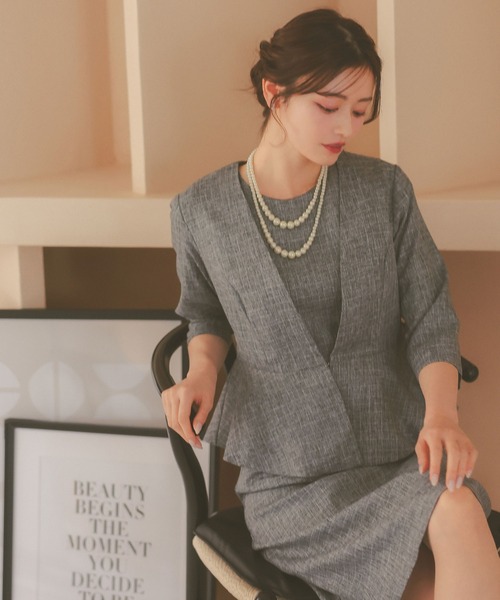 Retica(レティカ)の「スーツセット レディース ツイード ペプラムジャケット 半袖 フレアスカート ワンピース セットアップ セレモニースーツ お呼ばれ 結婚式 ママ(スーツセット・レディース・グレー/ブラック・S/XXL/XL/L/M)」の13枚目の写真