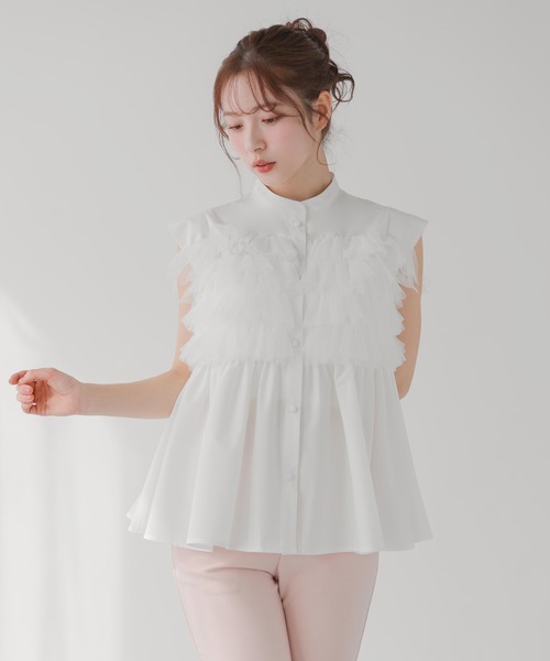Fit more(フィットモア)の「チュールドッキングフリルブラウス(シャツ/ブラウス・レディース・ホワイト/ベビーピンク/ブルー系その他・FREE)」の4枚目の写真