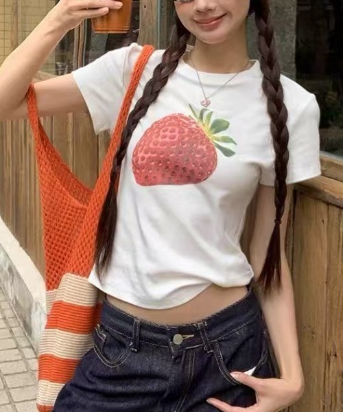 新柄追加/イチゴ柄プリントTシャツ（Tシャツ/カットソー