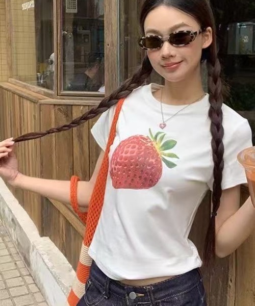 セール】新柄追加/イチゴ柄プリントTシャツ（Tシャツ/カットソー