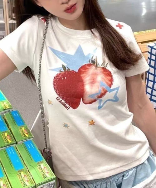 セール】新柄追加/イチゴ柄プリントTシャツ（Tシャツ/カットソー