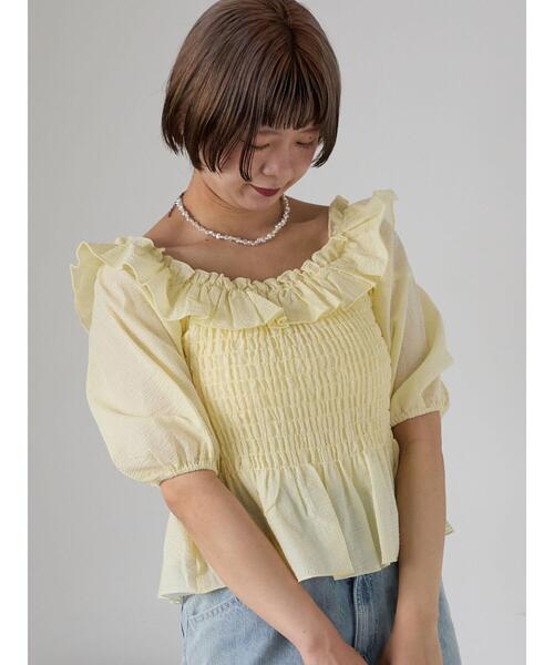 ehka sopo(エヘカソポ)の「◎フリルオフショルブラウス(シャツ/ブラウス・レディース・イエロー/オフホワイト/ブラック・F)」の4枚目の写真